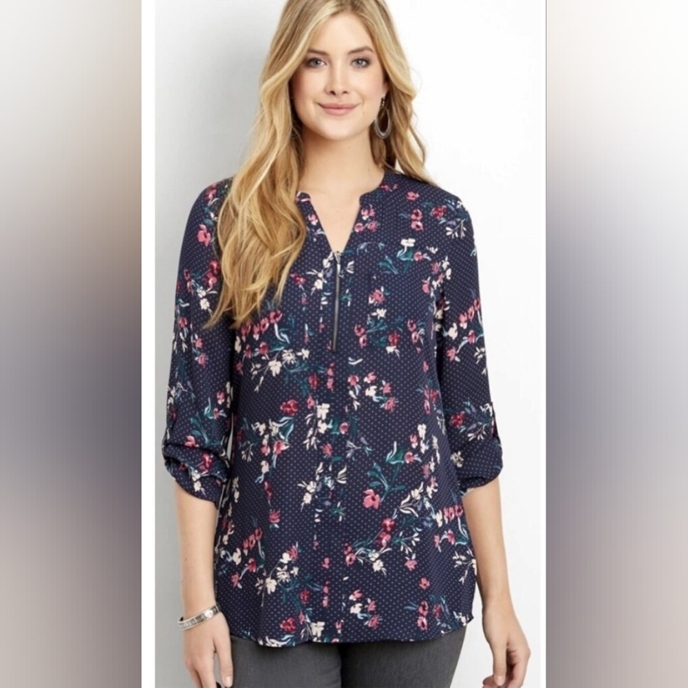 Maurices - Floral And Dot Mixed Print Front Zip Top - Medium